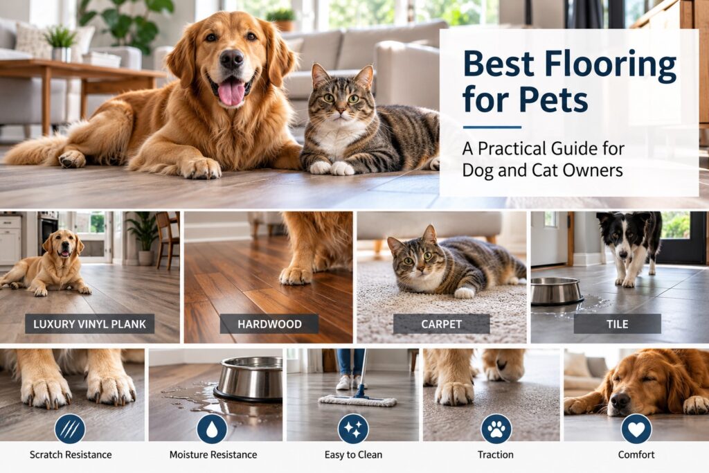 Dog and cat with examples of pet-friendly flooring, including luxury vinyl plank, hardwood, carpet, and tile