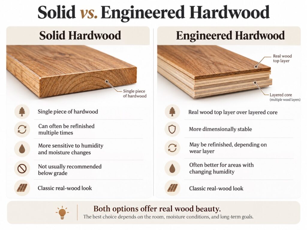 Visual guide comparing solid hardwood and engineered hardwood flooring